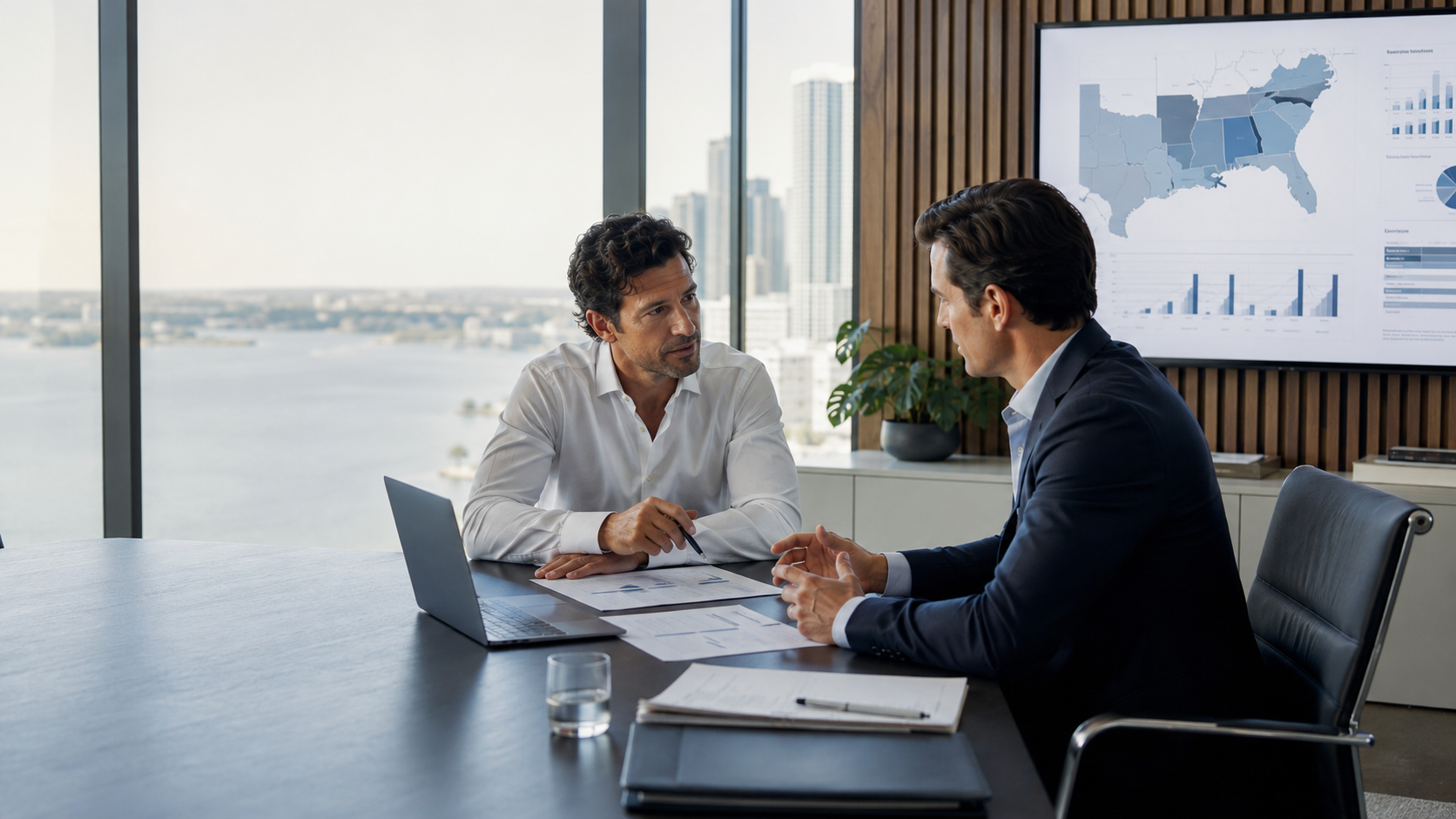 Reunión ejecutiva frente al skyline de Miami para evaluar una implantación empresarial en Estados Unidos.